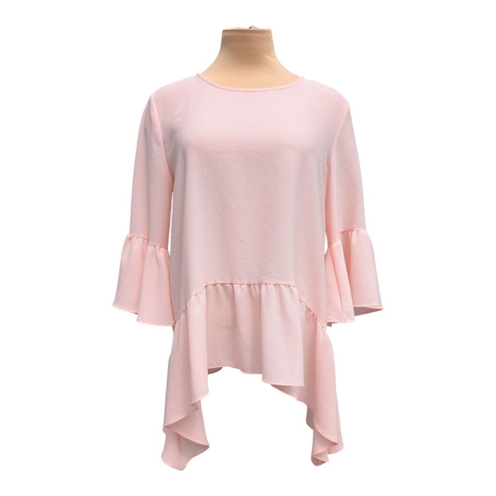 Gibson Pink Asymmetrical Ruffle Blouse Top Women XS Pale Pink Flowy CottageCore